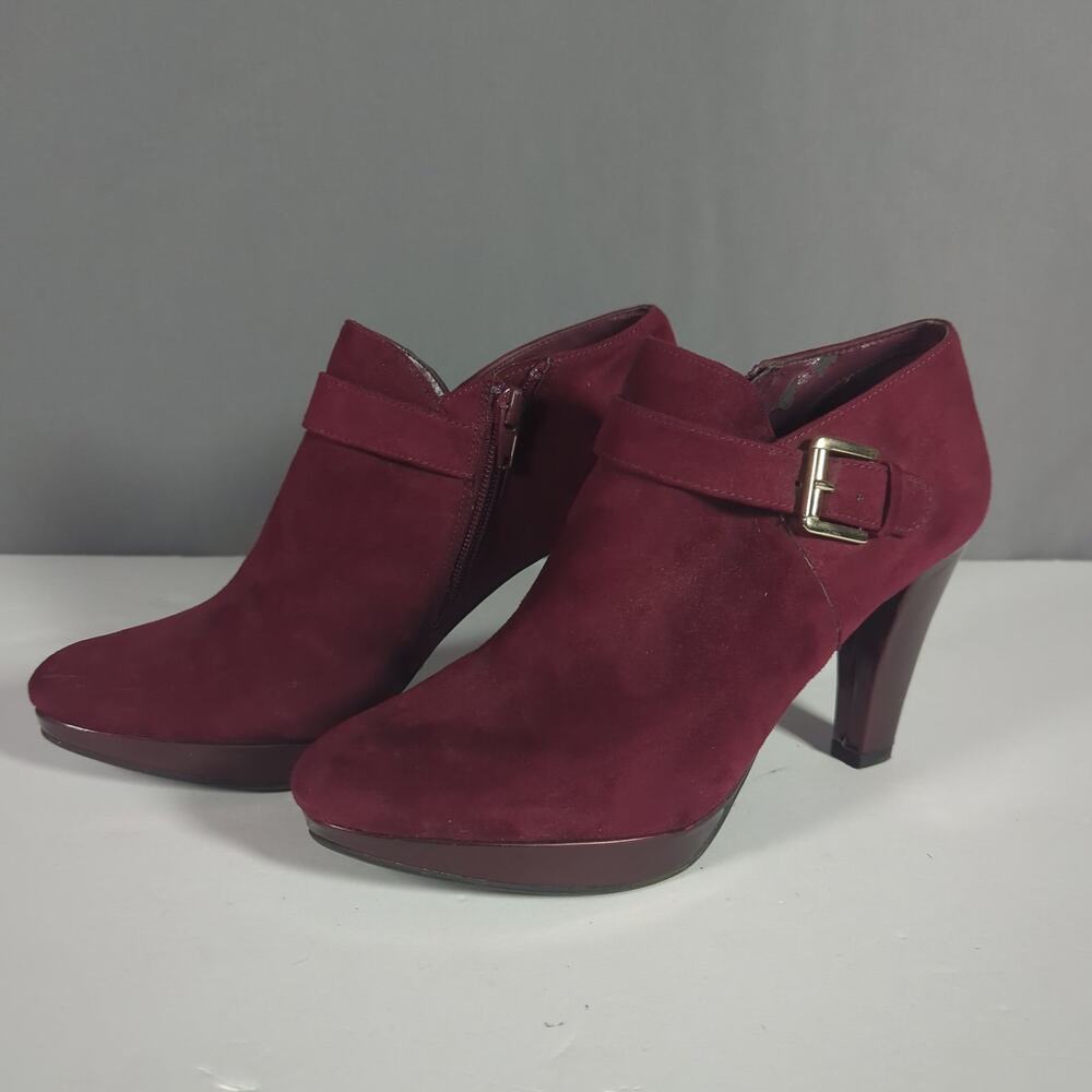 Burgundy Oxblood Suede Ankle Booties Buckle Strap High Heel Size 8